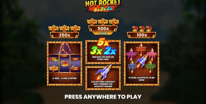 Hot Rocket 5x 3x 2x – peamenüü rullikute ja käivitusnupuga